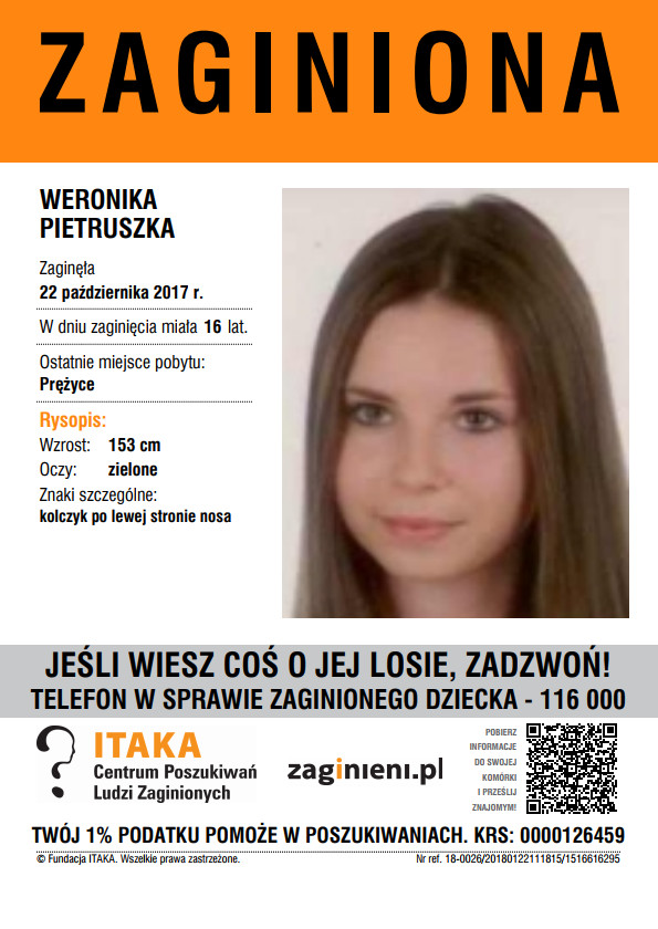 Fundacja ITAKA poszukuje zaginionej Weroniki Pietruszki.