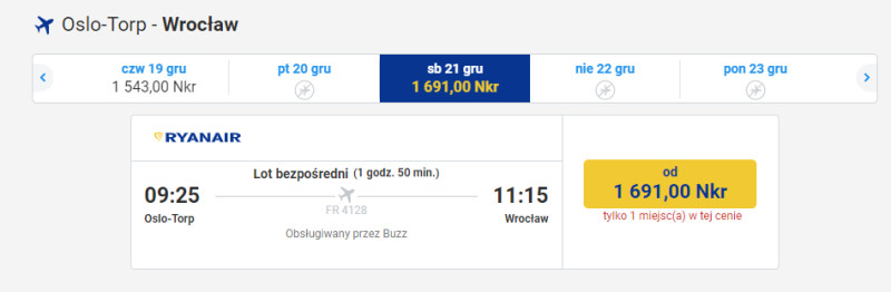 Loty z Oslo-Torp do Wrocławia w grudniu 2019.