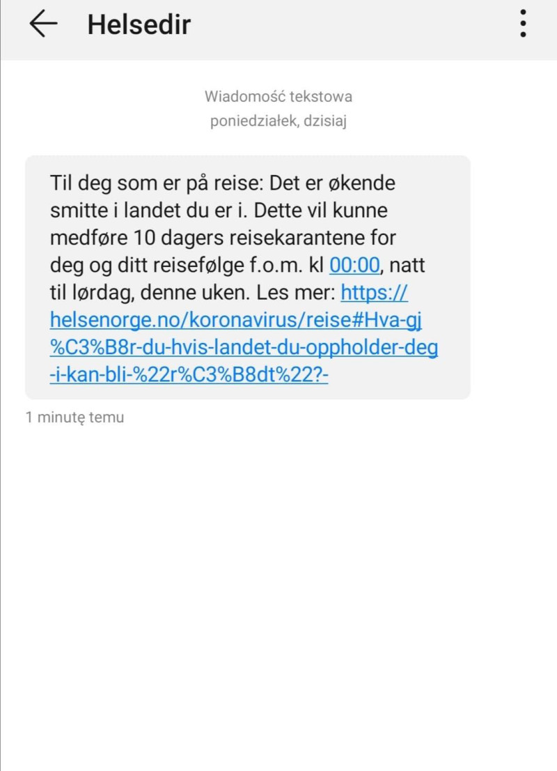 Polacy mieszkający w Norwegii otrzymali SMSy, które wyjaśniają zasady 10-dniowej kwarantanny.