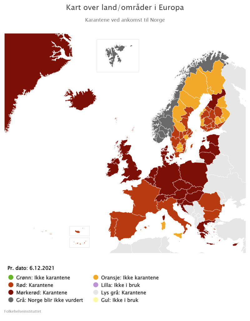 Aktualna mapa FHI, Polskę oznaczono kolorem ciemnoczerwonym, co oznacza kwarantannę wjazdową po przybyciu do Norwegii