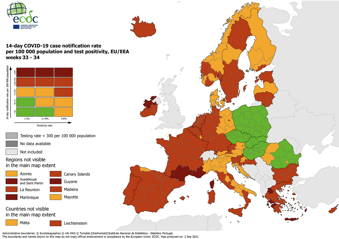 Mapa ECDC z drugiego września 2021 roku. 