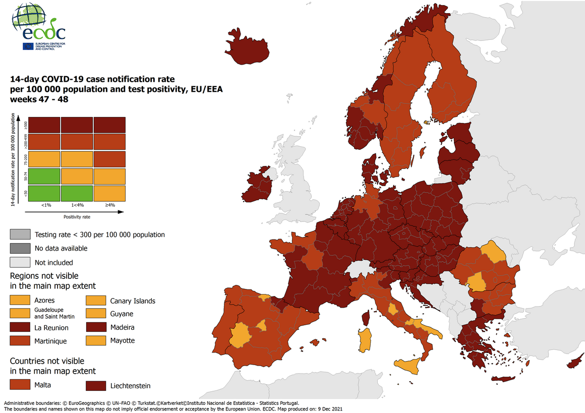 Mapa ECDC zaktualizowana dziewiątego grudnia.
