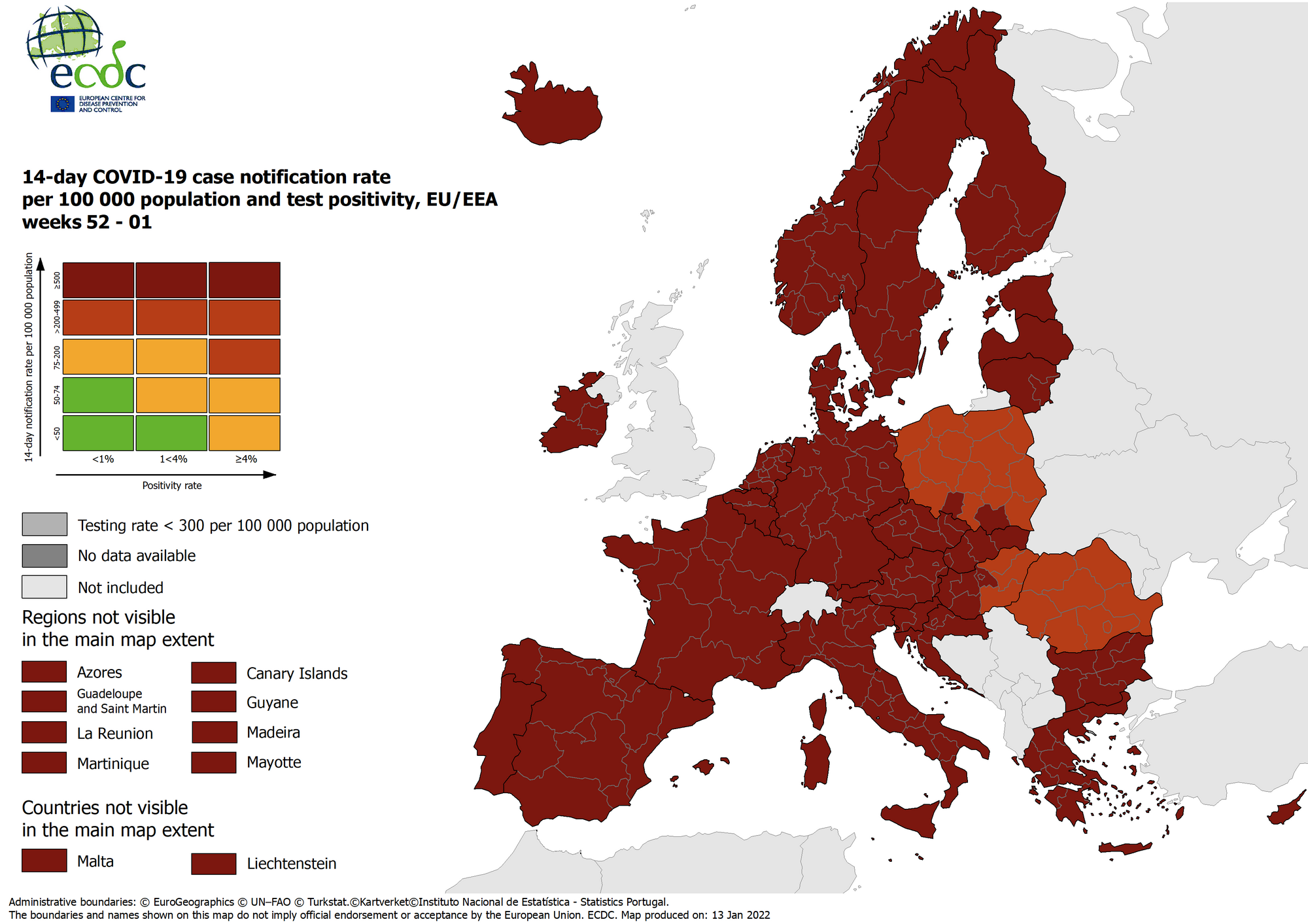 Mapa ECDC zaktualizowana 13 stycznia 2022 roku.