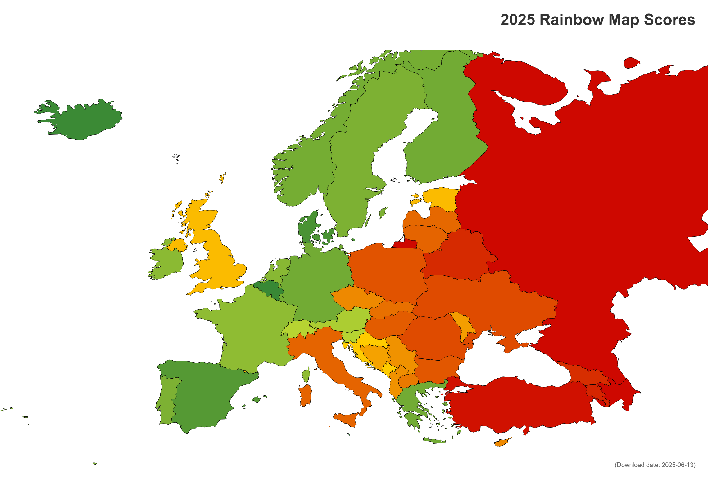 Tęczowa mapa 2025. Uwzględnia dane od stycznia do grudnia 2024 roku.