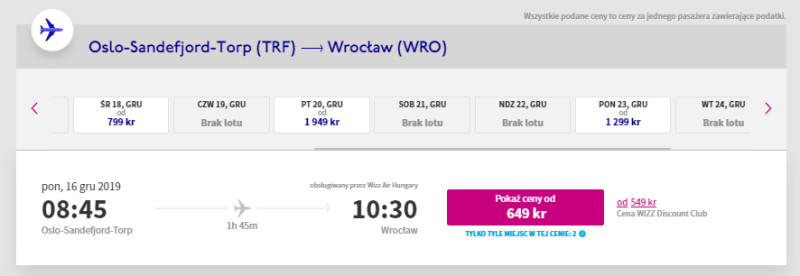 Loty do Wrocławia z Norwegii w grudniu 2019.