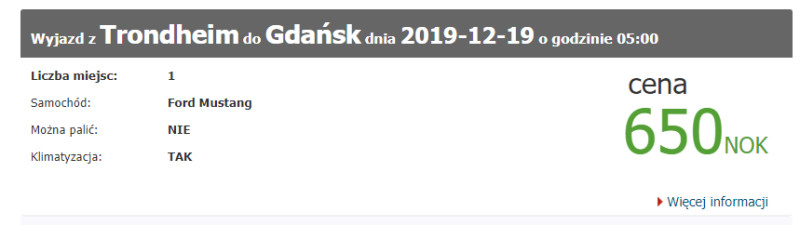 Przykładowa wspólna podróż autem z Norwegii do Polski z wyszukiwarki mojanorwegia.pl.