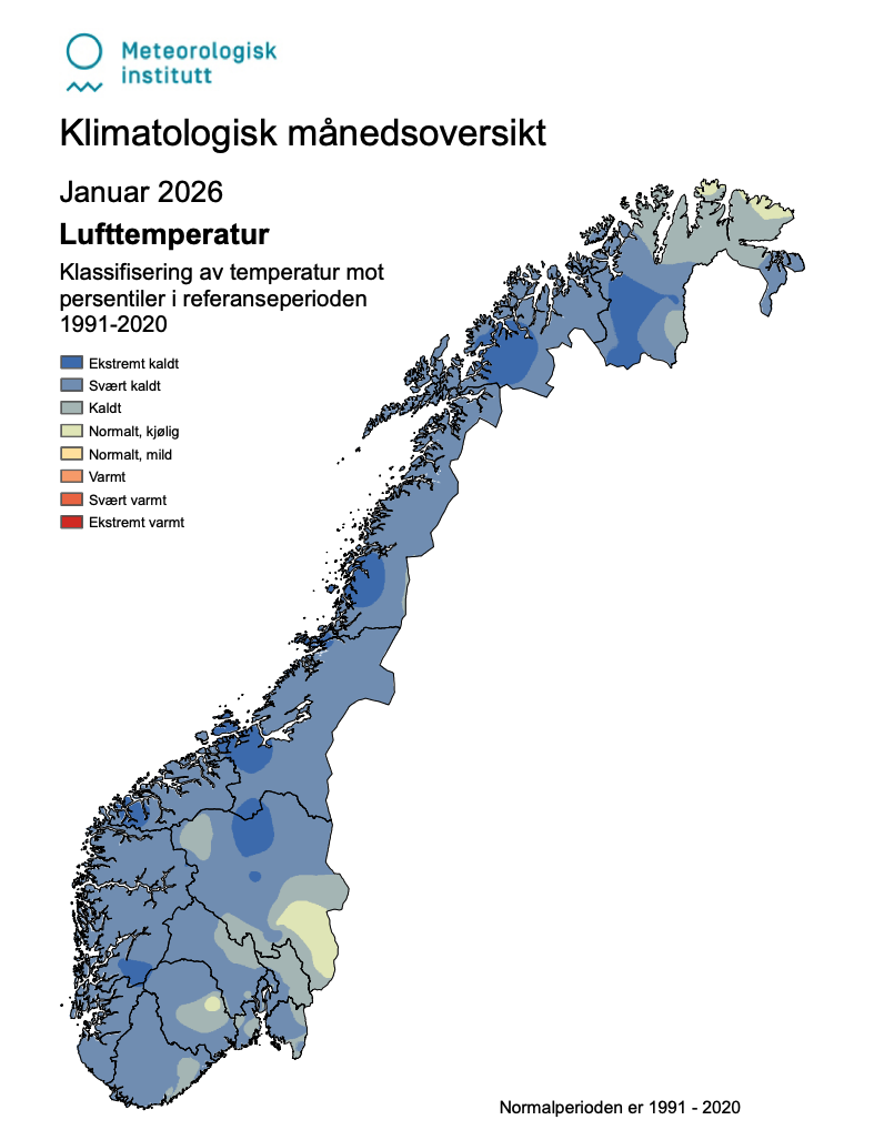 Klasyfikacja temperatury stycznia w ujęciu percentylowym w okresie 1991–2020. Najciemniejszy odcień niebieskiego oznacza ekstremalne zimno,