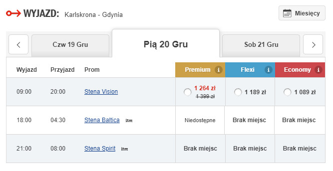 Przykładowe daty i ceny rejsów na trasie Karlskrona-Gdynia