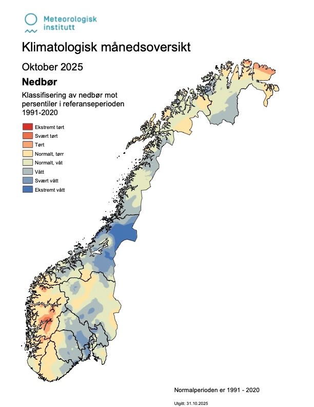 Mapa pokazująca ilość opadów w Norwegii w październiku, sklasyfikowana.