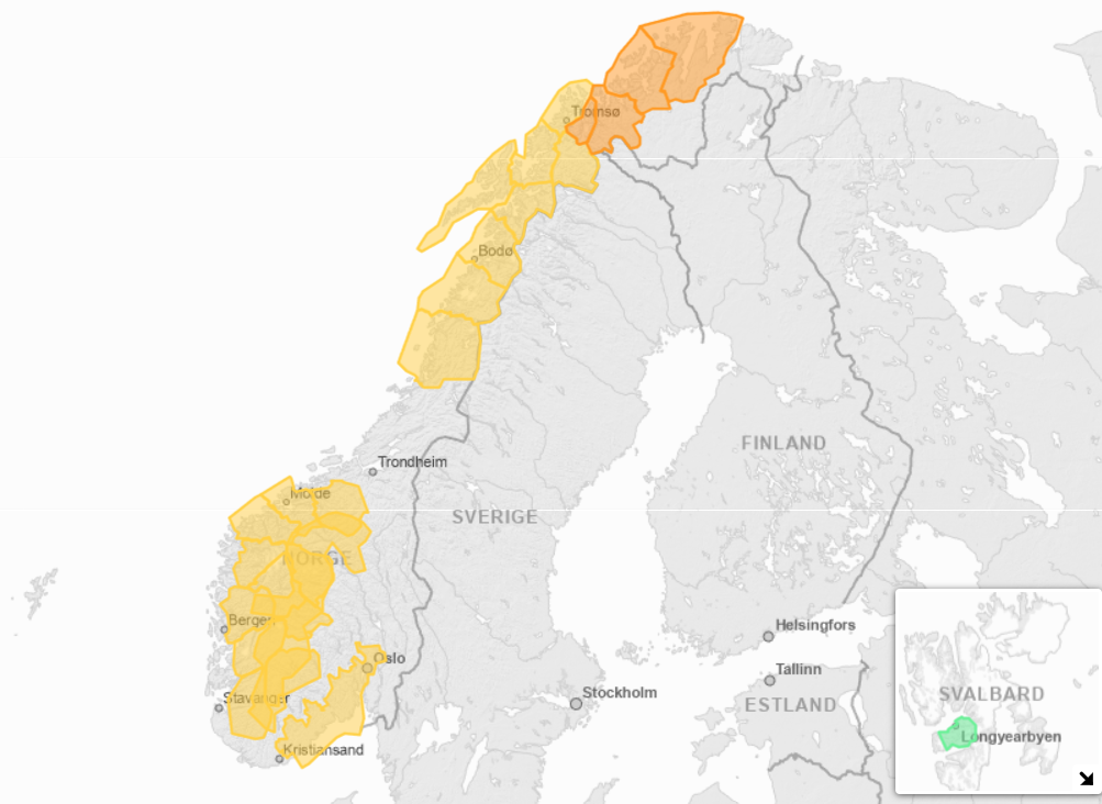 Mapa obszarów Norwegii objętych zagrożeniem pogodowym.