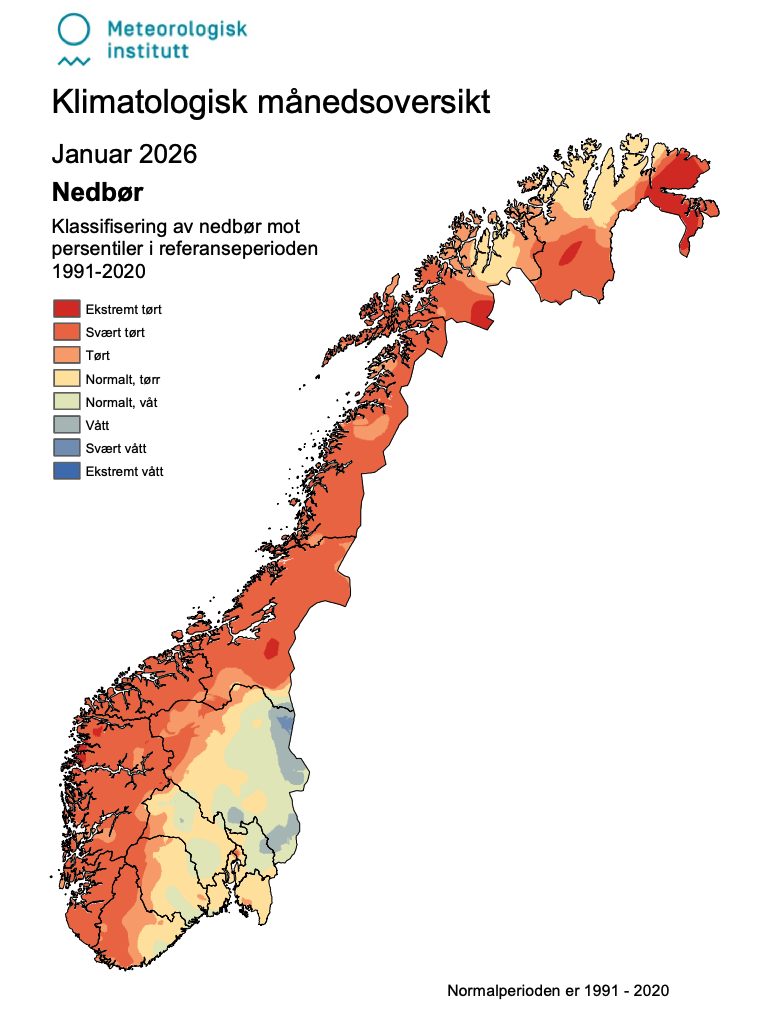 Classification of atmospheric precipitation in percentiles for the period 1991–2020. The darkest shade of red indicates extreme drought.
