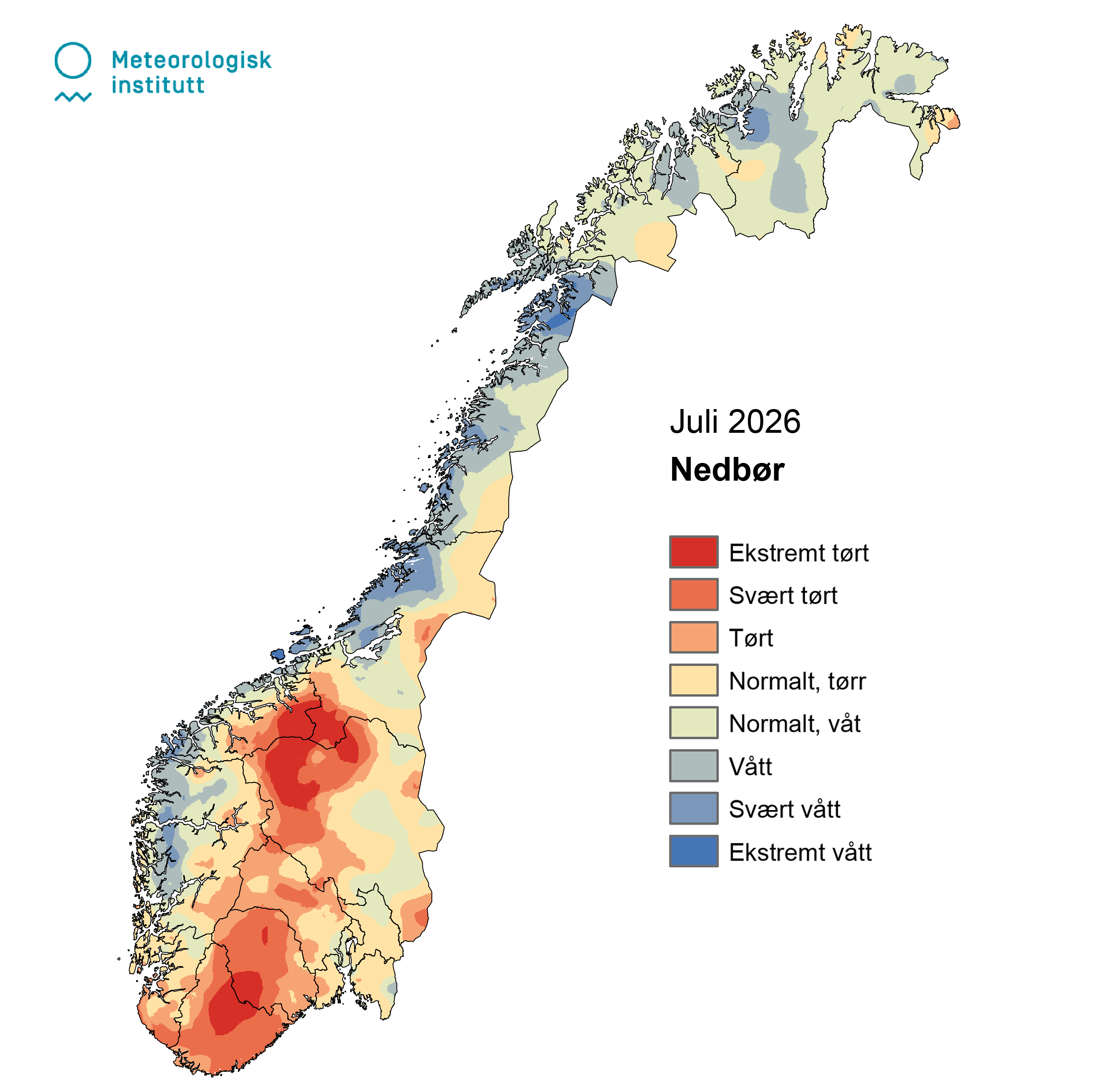 Mapa wilgotności w Norwegii w lipcu 2026. Czerwony wskazuje na ekstremalną suszę, ciemny niebieski na ekstremalną wilgoć.