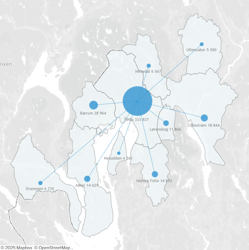 Mapa gmin zamieszkania dla zatrudnionych w Oslo.