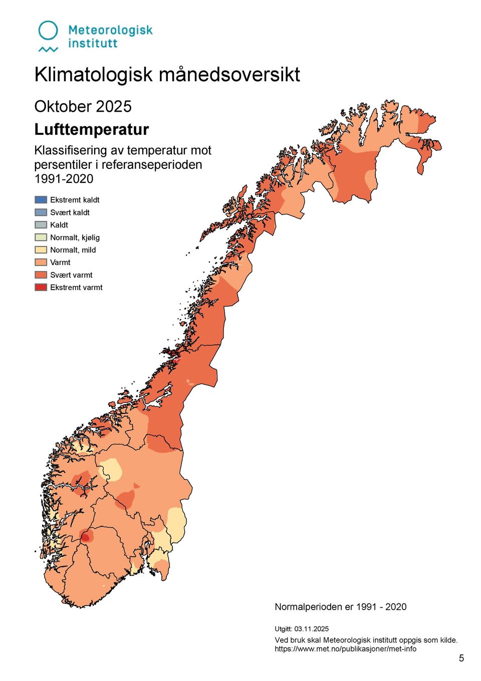 Mapa pokazująca temperaturę w Norwegii w październiku według klasyfikacji. 