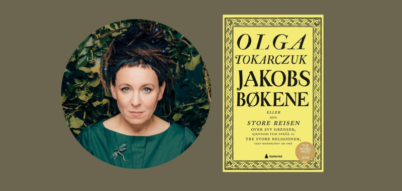 Na zdjęciu: Olga Tokarczuk i okładka norweskiego wydania Ksiąg Jakubowych.