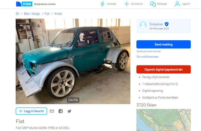 Zmodyfikowany Fiat 126p w ogłoszeniu na norweskim portalu finn.no.