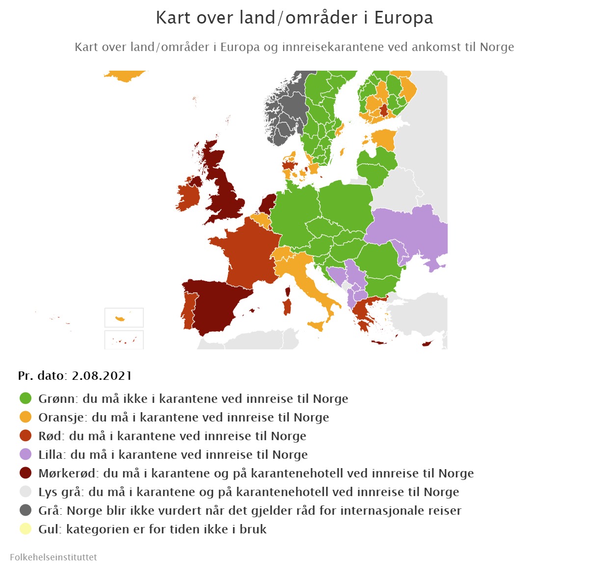 Aktualna mapa Infekcji Instytutu Zdrowia Publicznego. Polska jest oznaczona kolorem zielonym.