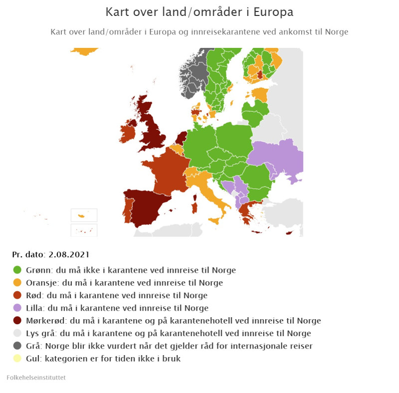 Aktualna mapa Infekcji Instytutu Zdrowia Publicznego. Polska jest oznaczona kolorem zielonym.
