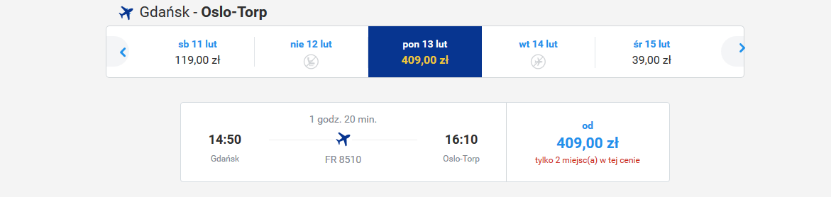 W poniedziałek 13 lutego lot kosztuje ponad 400 PLN