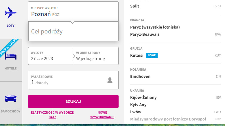 W systemie rezerwacyjnym nie ma możliwości rezerwacji biletów na lot z Poznania na Torp, choć połączenie miało być pierwotnie zawieszone do marca 2023.