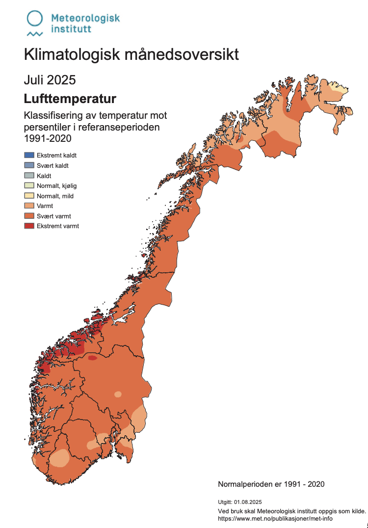 Temperatura powietrza w lipcu 2025 w Norwegii.
