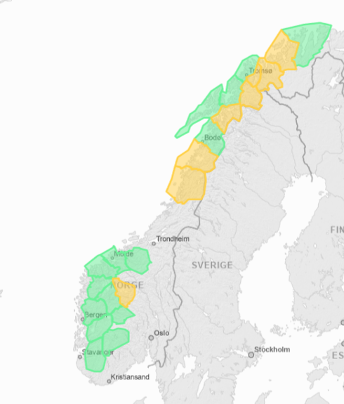 Alerty lawinowe w Norwegii; stan na 15 maja 2024 roku.