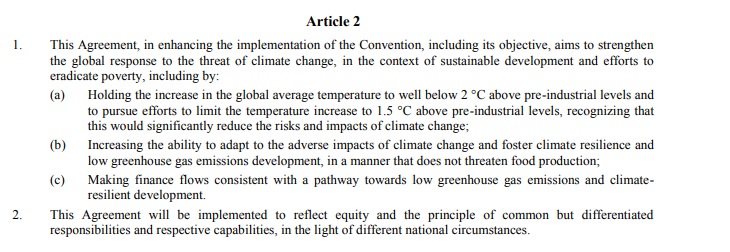 Artykuł 2 z porozumienia COP21. Dotyczący ograniczenia wzrostu temperatury. 
