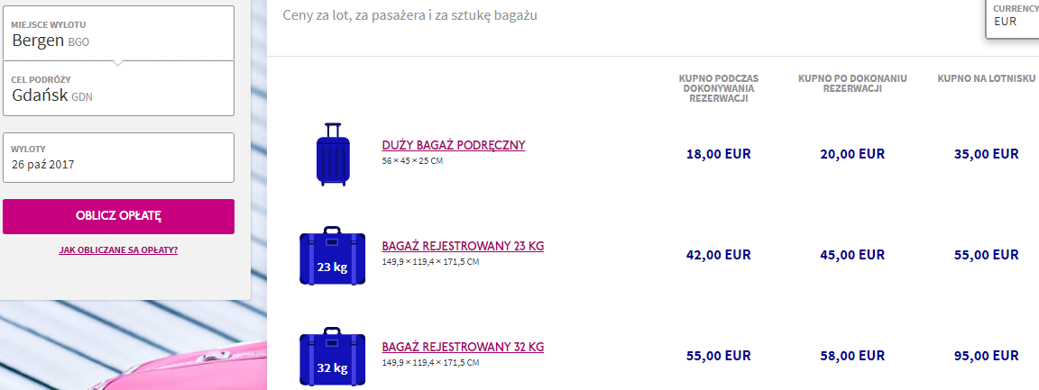 Kalkulator opłaty za bagaż