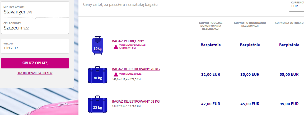 Kalkulator opłaty za bagaż