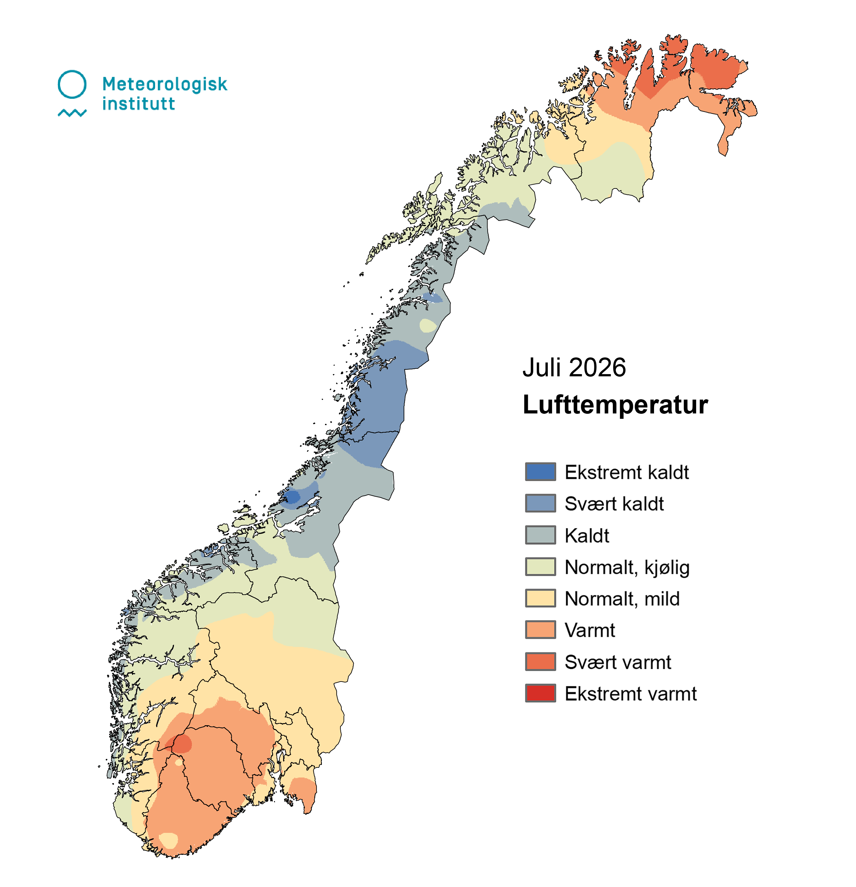 Skala temperatury w Norwegii na przełomie lipca 2026.