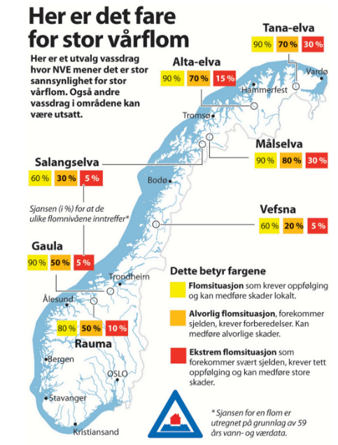 Mapka wskazująca na obszary najbardziej zagrożone powodzą roztopową.