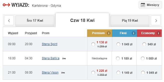 Przykładowe ceny za 1 osobę i samochód osobowy.