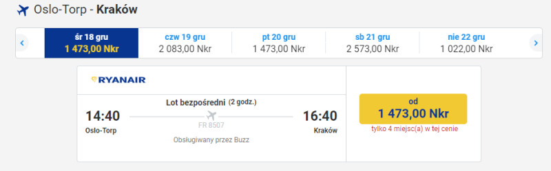 Przykładowe loty z Oslo do Krakowa w grudniu 2019.
