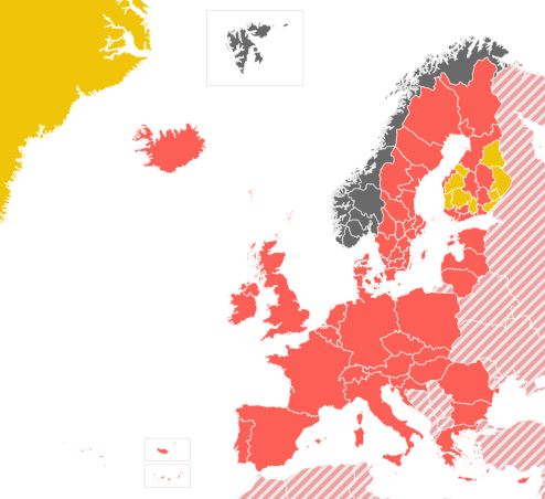 Kwarantanna wjazdowa nie obowiązuje osób, które przyjeżdżają do Norwegii z terenów oznaczonych na żółto.
