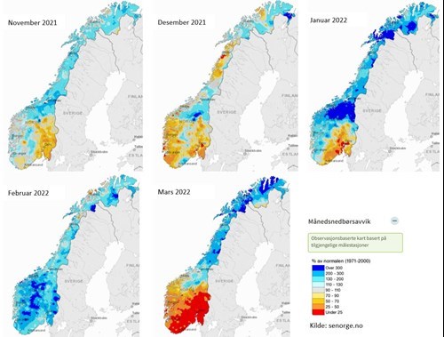 Mapa pokazuje ilość opadów w wybranym miesiącu w porównaniu z normą z lat poprzednich (1991-2020). Kolor czerwony oznacza dramatycznie niski poziom opadów w miesiącu.