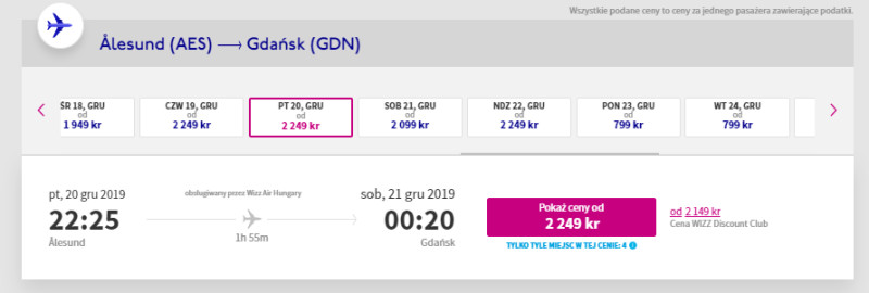 Loty w grudniu 2019 z Ålesund do Gdańska.