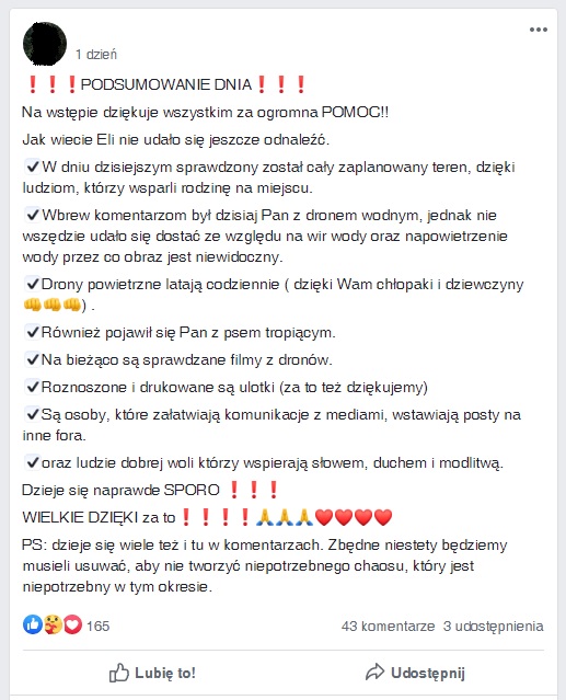 Wpis na grupie z 9 sierpnia.