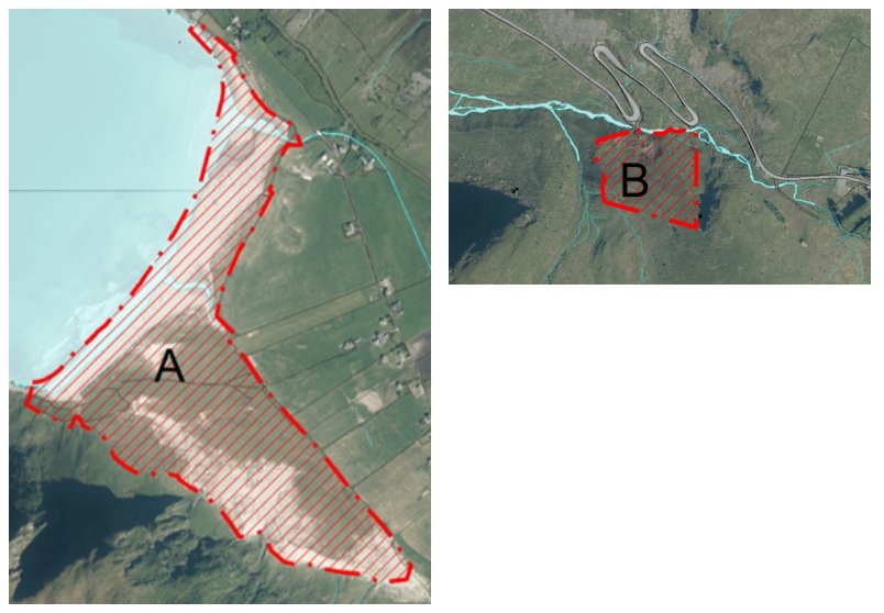 Mapa przedstawiająca obszary A i B w Hoddevik, na których zakazane jest biwakowanie. 