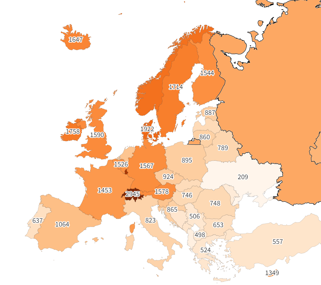Mapa przedstawia liczbę litrów paliwa, które można kupić za przeciętne miesięczne wynagrodzenie netto w danym kraju. Im ciemniejszy kolor, tym większą ilość benzyny zawiera przeciętne wynagrodzenie. Dane na czerwiec 2024 roku.