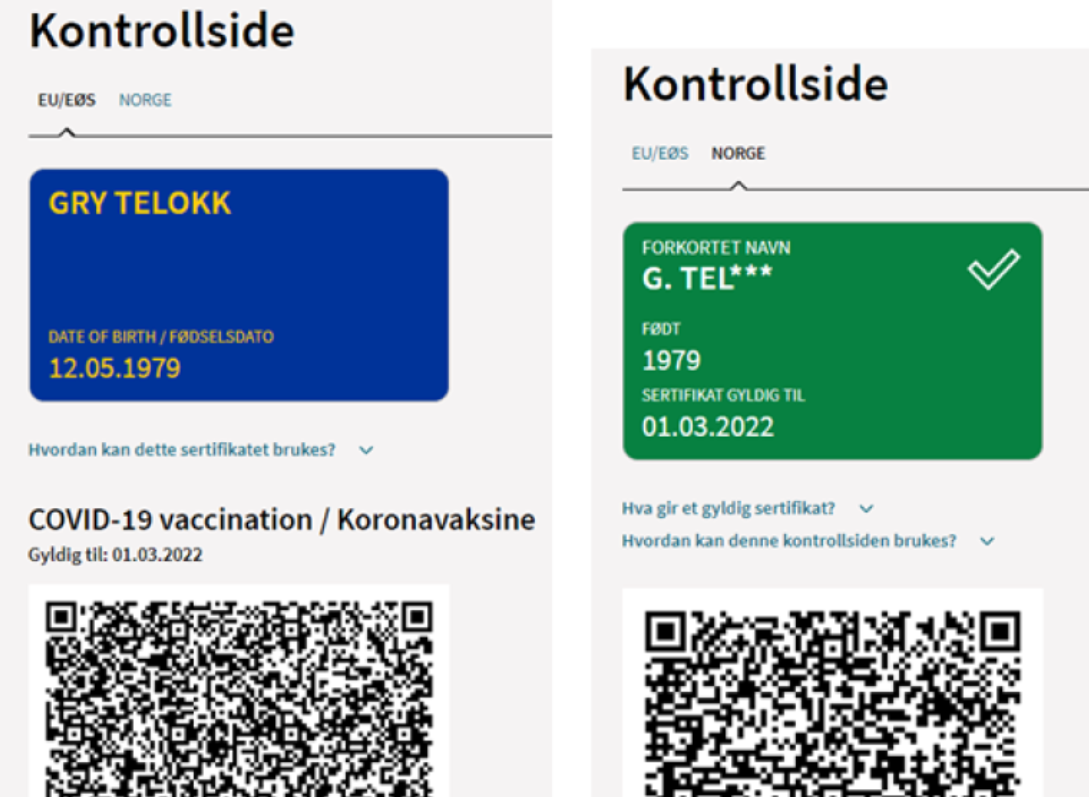 Norweski certyfikat składa się z dwóch stron - pierwsza (zielona/czerwona) do użytku krajowego, druga - niebieska - do użytku w krajach UE/EOG. 