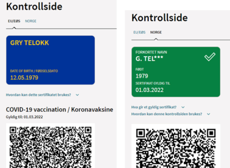 Norweski certyfikat składa się z dwóch stron - pierwsza (zielona/czerwona) do użytku krajowego, druga - niebieska - do użytku w krajach UE/EOG.