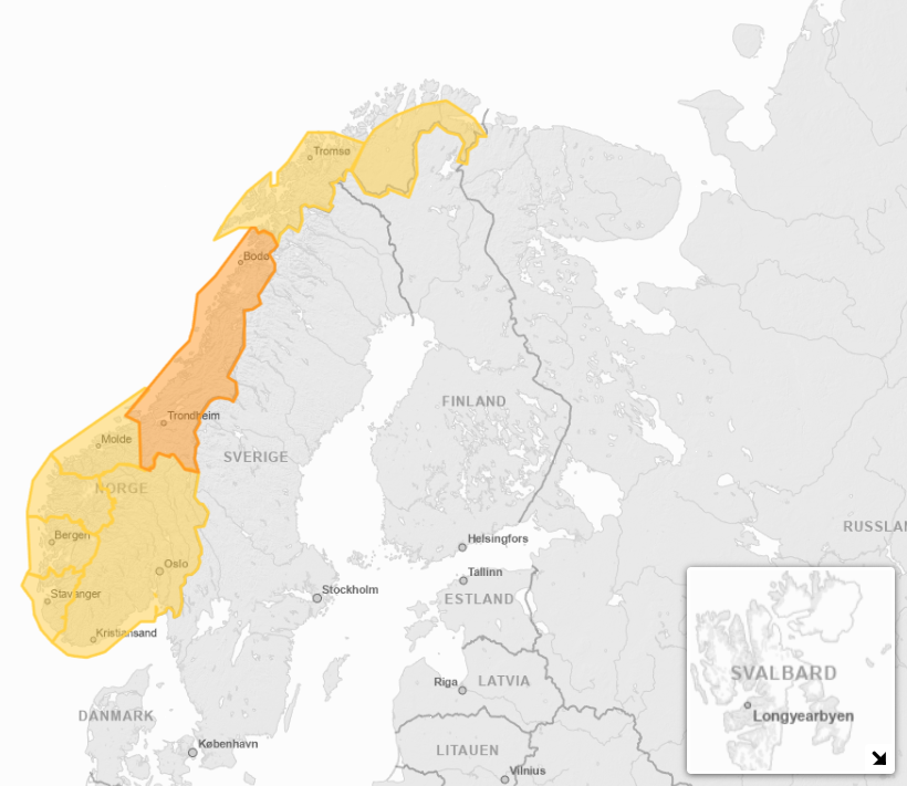 Mapa zagrożenia pożarowego w Norwegii.