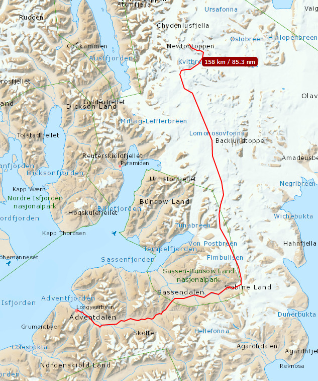 Trasa ekspedycji przez Svalbard.