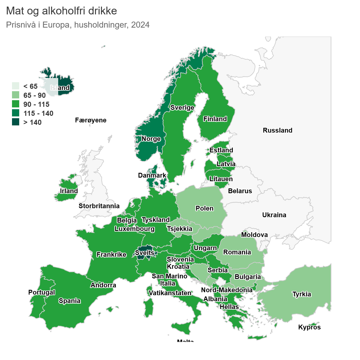 Średnie ceny żywności i napojów bezalkoholowych. 100 proc. = średnia UE