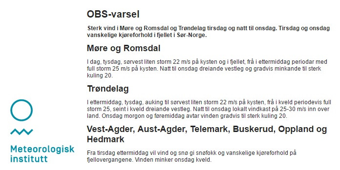 Pracownicy Norweskiego Instytutu Meteorologicznego ostrzegają przed silnym wiatrem i opadami śniegu na południu kraju.