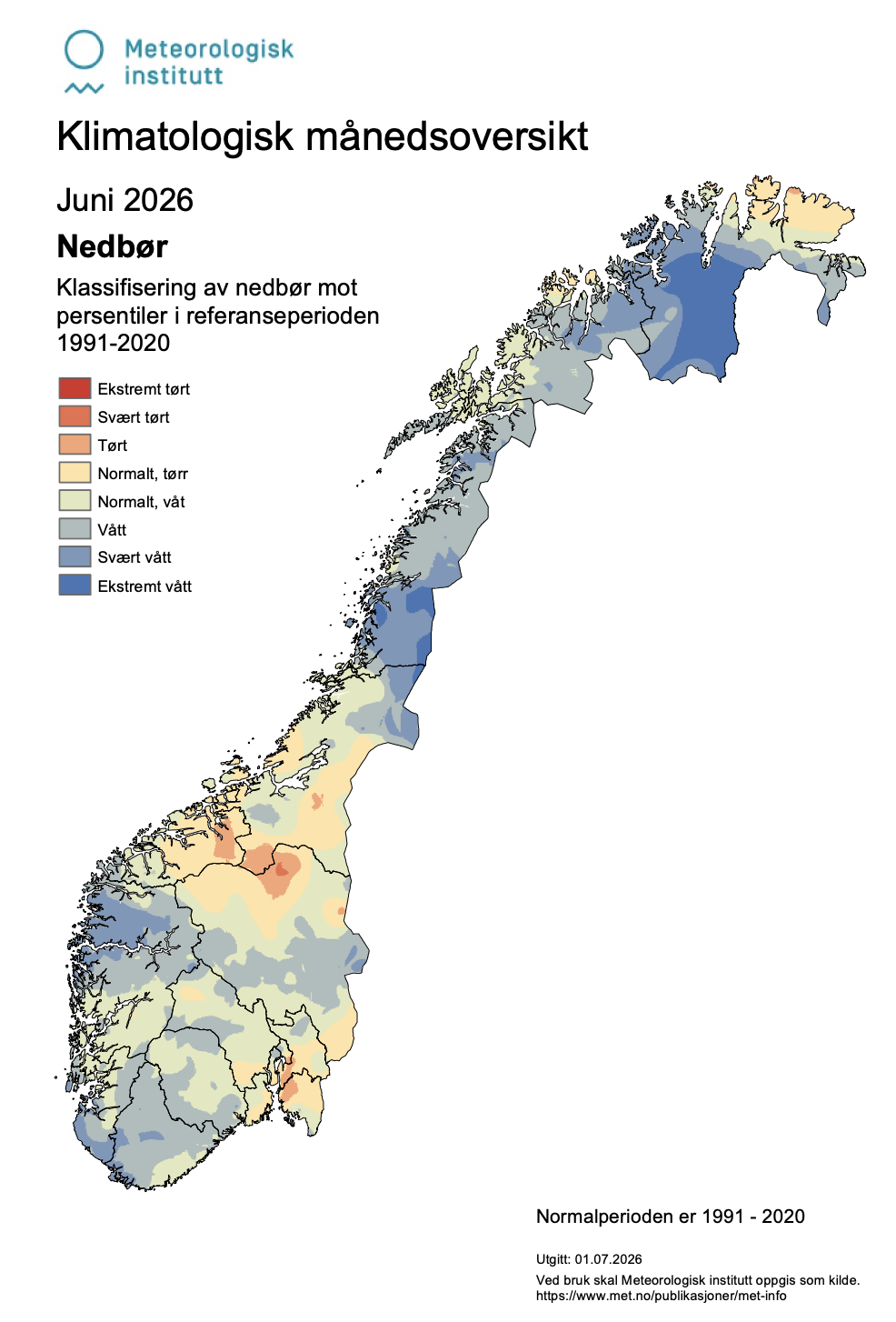 Opady w Norwegii w czerwcu 2026 roku na tle lat 1991-2020.