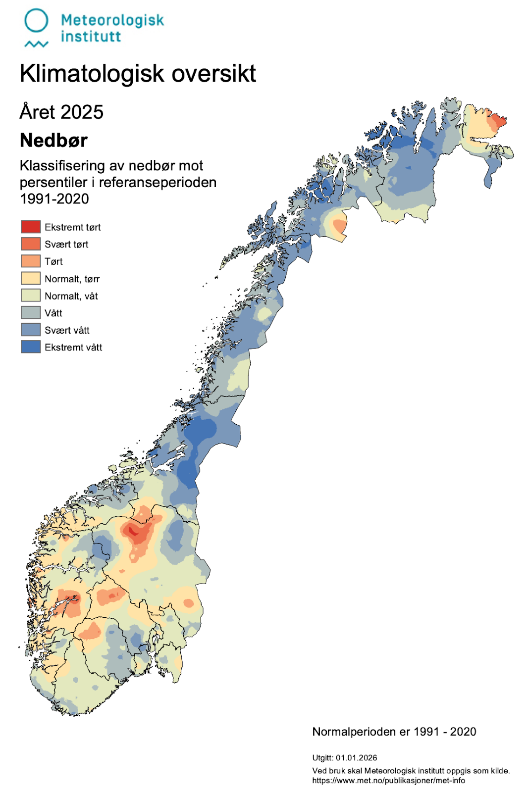 Opady w Norwegii. Porównanie ze średnią z lat 1991-2020. Kolor granatowy oznacza ekstremalną wilgotność.
