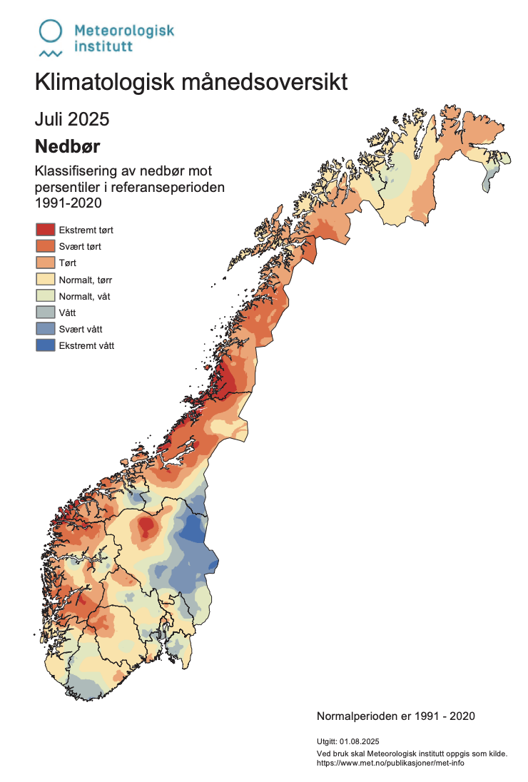 Mapa opadów w Norwegii w lipcu 2025 roku.