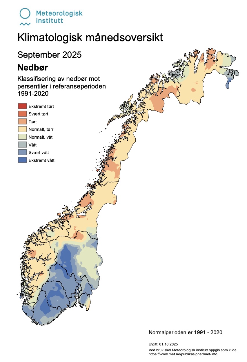 Opady w Norwegii we wrześniu 2025. Porównanie z okresem 1991-2020.