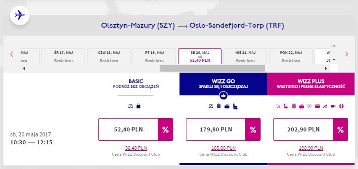 Przykładowe plany lotów z Mazur do Oslo Sandefjord.